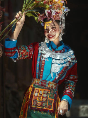 Authentic miao ethnic costume with tujia style minority dress for stage performance and travel photo shoot fabric and embroidery detail