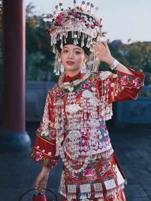 Authentic miao traditional wedding dress heirloom quality red brocade ethnic bridal costume for bride fabric detail