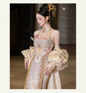 Authentic misty river song dynasty hanfu embroidered beizi jacket paired with elegant pleated skirt for women full length view