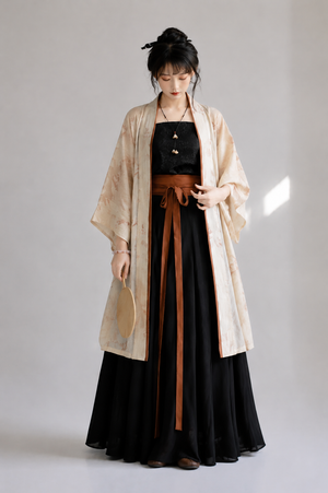 Authentic modern hanfu cream white song dynasty cardigan black top song style pants rust belt daily commute for women standing front