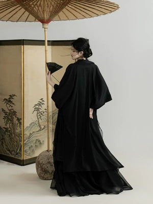 Authentic modern hanfu set black wide sleeve sheer robe blue purple embroidered slip top layered tulle skirt dark fairy style for women standing front