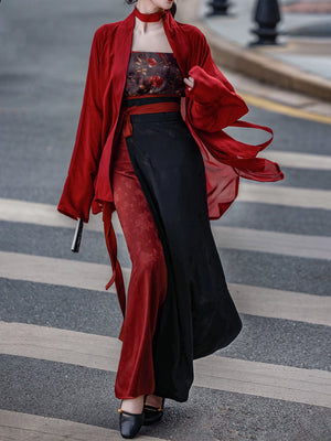 Authentic modern hanfu set red wide sleeve cardigan robe black lace slip maxi dress dark gothic streetwear chinese style for women standing front