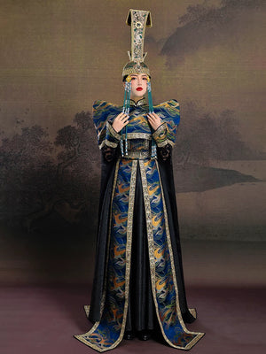Authentic mongolian women green hat heavy industry fringed inner mongolia ethnic dance performance daily wear hat standing front