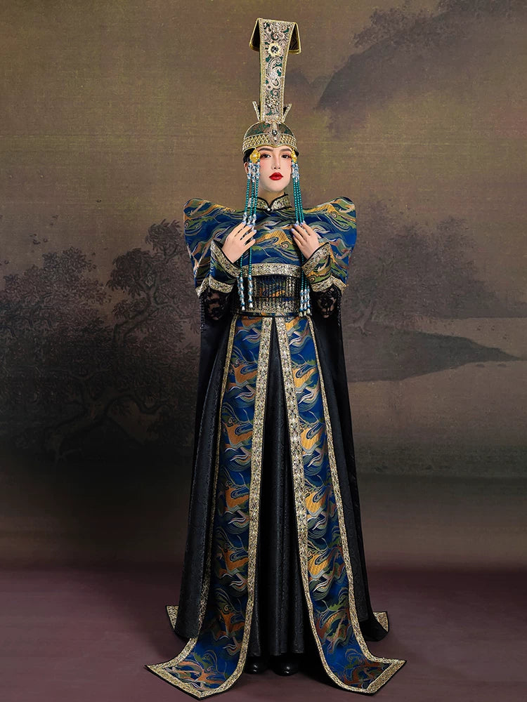 Authentic mongolian women green hat heavy industry fringed inner mongolia ethnic dance performance daily wear hat standing front