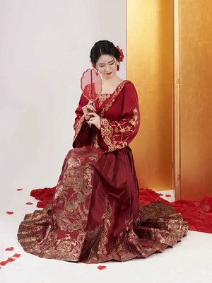 Authentic perfect harmony bridal hanfu new chinese style mamian skirt wedding dress for engagement and reception for bride standing front