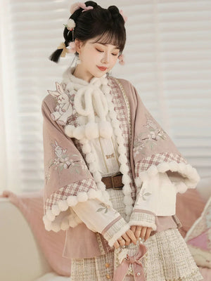Authentic pink modern hanfu set new chinese inspired top and midi skirt for autumn winter outings standing front
