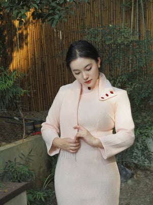 Authentic pink winter qipao retro chinese silhouette warm curve flattering fit for daily winter wear standing front