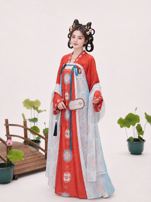 Authentic plus size hanfu red tang dynasty round collar robe white sheer wide sleeve cape blue green mamian skirt gold floral court style for women standing front