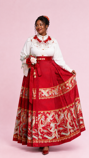 Authentic plus size mamian skirt set red gold phoenix embroidered mamian skirt white long sleeve top chinese wedding toast dress for women standing front