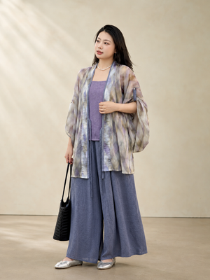 Authentic plus size modern hanfu brown plaid tang dynasty wide sleeve cardigan robe casual streetwear daily outfit for women standing front
