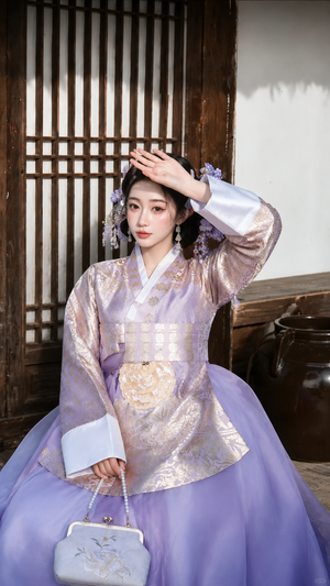 Authentic purple mist floral hanbok set gilded jacquard and ombre tulle skirt for outdoor photoshoot standing front