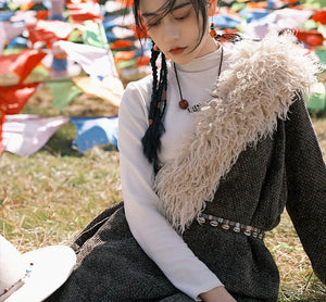 Authentic reimagined tibetan design trench coat detachable fur collar for women outdoor wear standing front