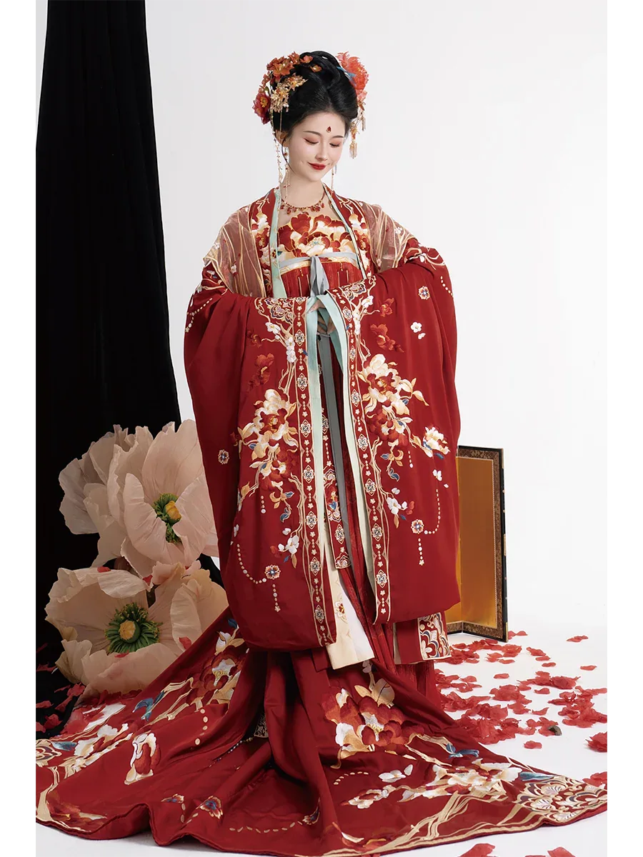 Authentic Tang-Style Bridal Hanfu – Custom Embroidered Red Gown with Flowing Grand Sleeves - Yandan_Hanfu