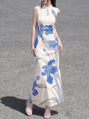 Authentic white iris cheongsam dress sleeveless stand up collar long holiday temperament art skirt for women standing front