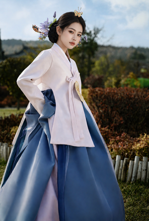 Authentic women white ruqun hanbok teal gradient mamianqun set for cultural events and daily standing front
