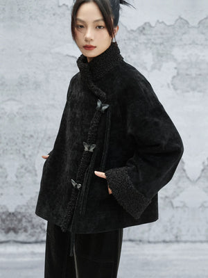 Autumn winter black chenille jacket new chinese loose plush cotton top for women side view