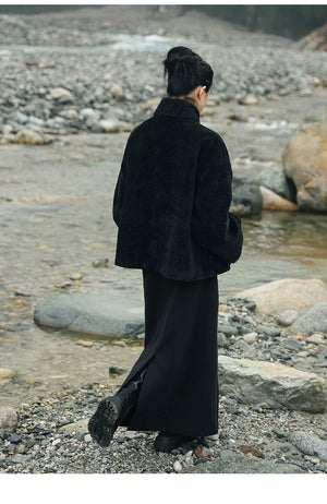 Autumn winter new chinese black plush jacket women loose chenille thick cotton top full length view