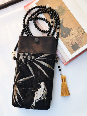 Bamboo and bird print vintage inspired bag modern take on classic crossbody for everyday back view