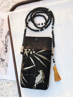 Bamboo and bird artistic motif bag modern take on vintage crossbody for casual outings fabric and pattern detail