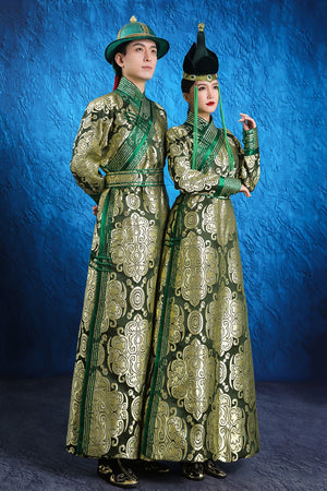 Beautiful green mongolian wedding robe set parent child matching dress with couple outfit for cultural wedding full length view