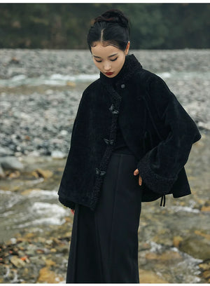 Black chenille thick jacket new chinese loose plush cotton top women autumn winter fabric detail