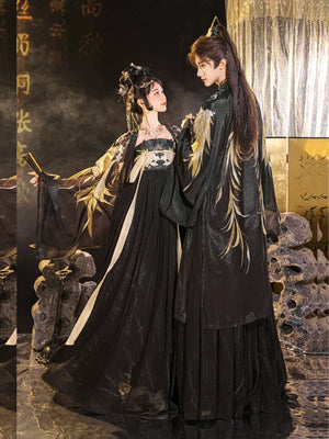 Black gold tang style hanfu couple set traditional chinese wide sleeve robe and printed hezi skirt for couple back view