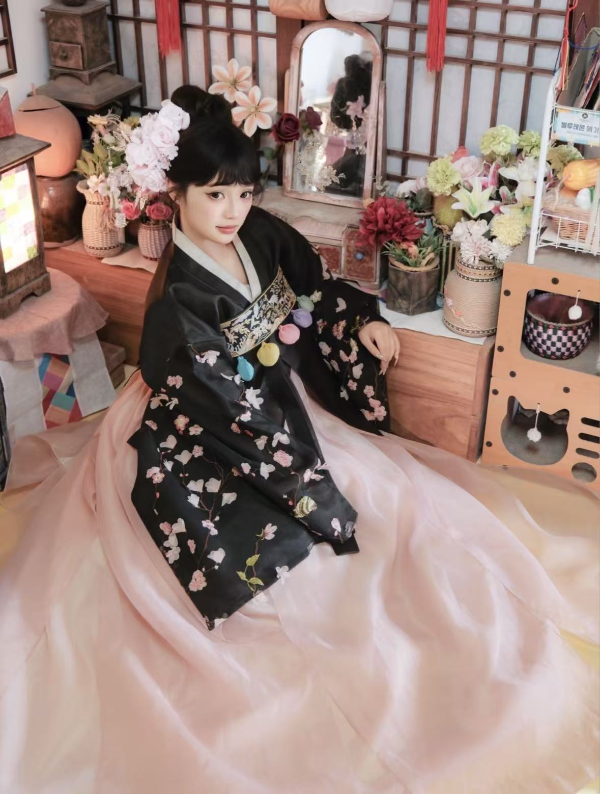 Black & Pink Hanbok with Floral Patterns