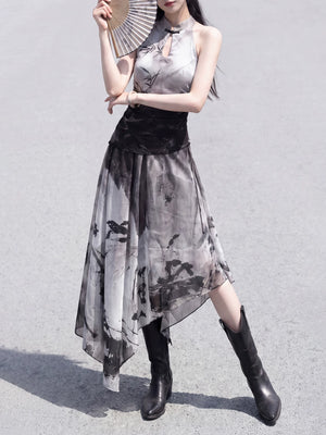 Black and white gradual change ink bamboo cut shoulder top ink smudge asymmetrical skirt versatile new chinese women front view