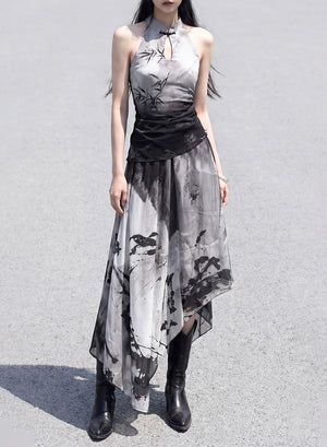 Black and white ink bamboo cut shoulder top gradual change ink smudge asymmetrical skirt versatile new chinese women suit back view