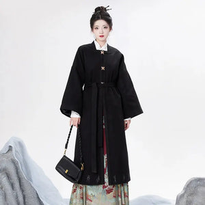 Black hanfu dress for women inspired by Song Dynasty, with traditional hanfu coat and jacket. Perfect for Chinese New Year, winter hanfu, graduations, hanfu cosplay, and casual wear. This red modern hanfu combines traditional and modern Chinese clothing styles, available for sale at hanfu shops and online stores. Ideal choice for hanfu women looking for elegant and versatile Chinese clothing.