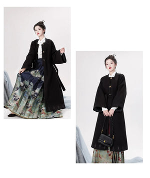 Black hanfu dress for women inspired by Song Dynasty, with traditional hanfu coat and jacket. Perfect for Chinese New Year, winter hanfu, graduations, hanfu cosplay, and casual wear. This red modern hanfu combines traditional and modern Chinese clothing styles, available for sale at hanfu shops and online stores. Ideal choice for hanfu women looking for elegant and versatile Chinese clothing.