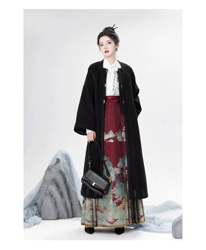 Black hanfu dress for women inspired by Song Dynasty, with traditional hanfu coat and jacket. Perfect for Chinese New Year, winter hanfu, graduations, hanfu cosplay, and casual wear. This red modern hanfu combines traditional and modern Chinese clothing styles, available for sale at hanfu shops and online stores. Ideal choice for hanfu women looking for elegant and versatile Chinese clothing.