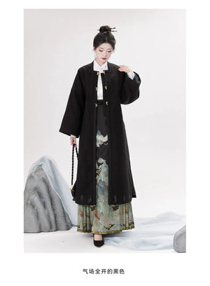 Black hanfu dress for women inspired by Song Dynasty, with traditional hanfu coat and jacket. Perfect for Chinese New Year, winter hanfu, graduations, hanfu cosplay, and casual wear. This red modern hanfu combines traditional and modern Chinese clothing styles, available for sale at hanfu shops and online stores. Ideal choice for hanfu women looking for elegant and versatile Chinese clothing.
