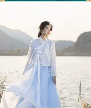 Blue casual modern hanbok korean spring summer outfit for daily work wear