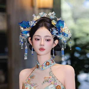 Blue floral bridal hairpin set chinese elegant hanfu and qipao headpiece for wedding photoshoot floral and detail
