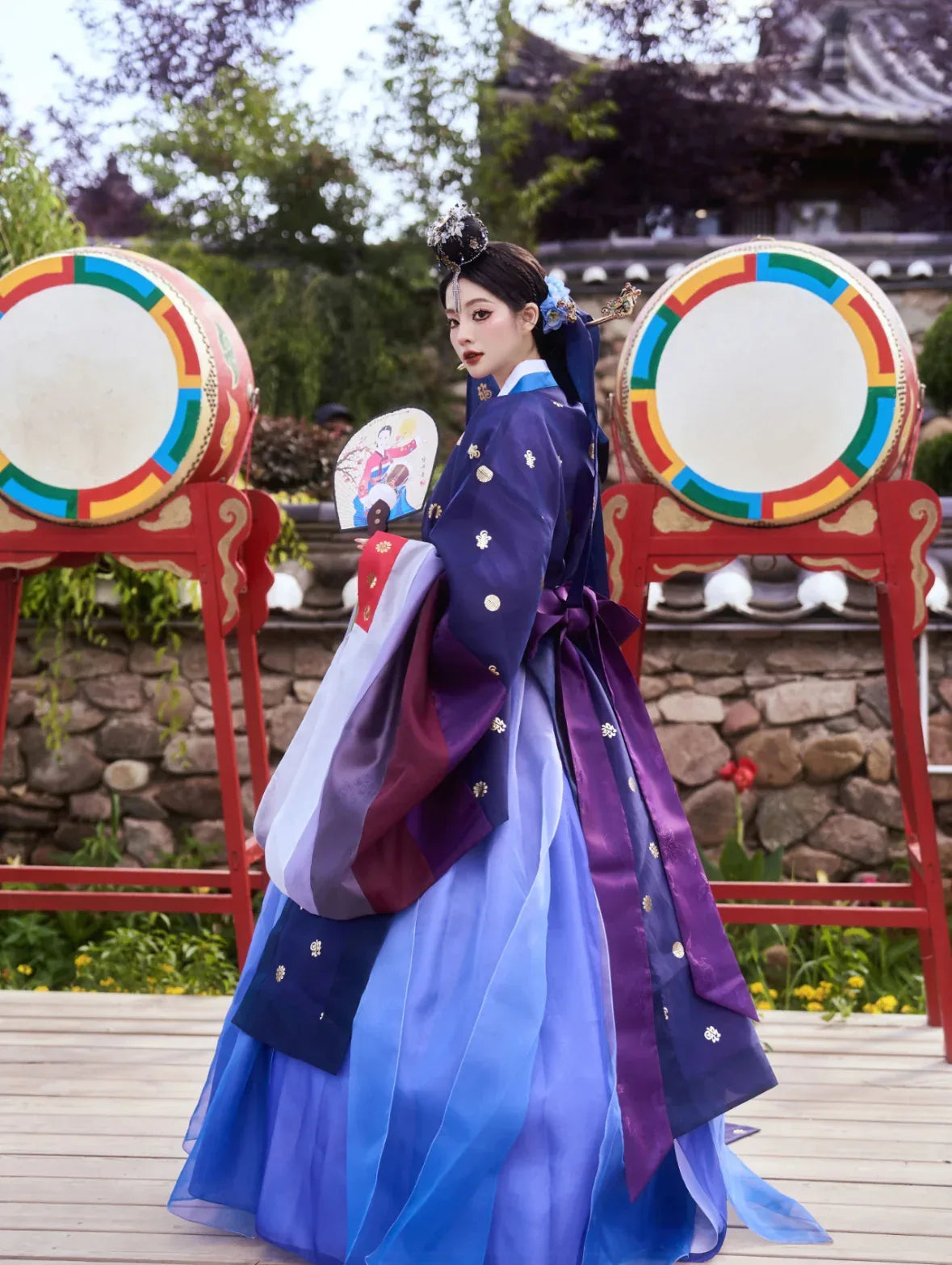 Blue&Purple Korean Hanbok Princess Dress Women's Traditional Joseon Hanbok Set+ headgear (free skirt support) / one size fits all (suit for weight Blue&Purple Korean Hanbok Princess Dress Women's Traditional Joseon Hanbok Set+ headgear (free skirt support) / one size fits all (suit for weight