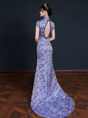 Blue white porcelain cheongsam show new chinese style catwalk high end fishtail trailing performance dress 2025