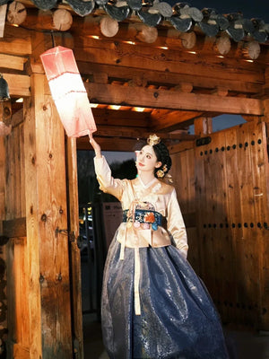 Blue yanji traditional korean princess court hanbok royal palace dress for special occasions detail