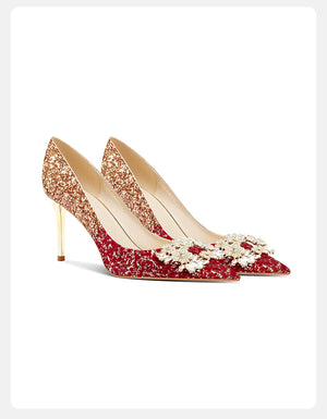 Bridal chinese wedding heels champagne gold red glitter gradient pointed toe stiletto pumps with 3d floral detail for bride floral detail