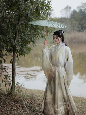 Bright moon light breeze men taoist hanfu printing smudges ming made robes for traditional style back view