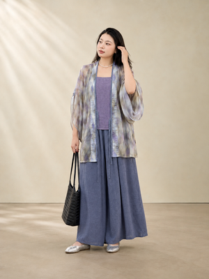 Brown plaid plus size modern hanfu tang dynasty wide sleeve cardigan robe casual streetwear daily outfit for curvy women back view