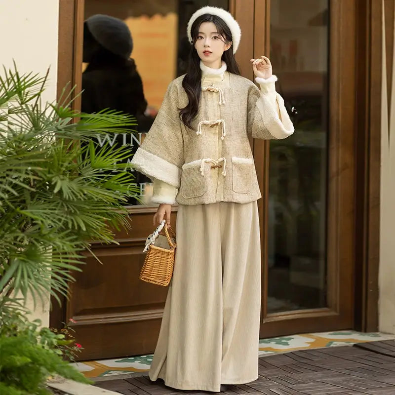 Brown modern hanfu dress for women, combining traditional Song Dynasty elegance with contemporary Chinese style. Made from luxurious silk, this hanfu includes options for a coordinating coat or jacket, making it perfect for winter wear, casual outings, or formal occasions such as graduations. This hanfu dress is available in our online hanfu shop, where customers can find authentic hanfu for sale, including casual hanfu, modern Chinese clothing from top Chinese brands, and other unique styles. Ideal for tho