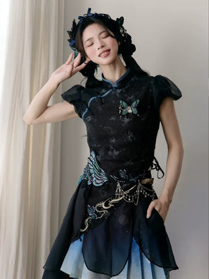 Butterfly under the lamp spring new chinese style hanfu 4 piece set short top skirt and waist accessories for women front view