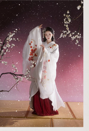 Camellia snow warring states hanfu set white battle robe with original embroidery design back view