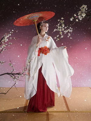 “Camellia Snow” White Battle-Robe Set | Original Embroidered Hanfu Inspired by the Warring States - Yandan_Hanfu