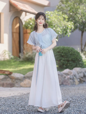 Casual elegant daily modern hanfu light blue butterfly sleeve top and white high waist wide leg pants set for women fabric detail