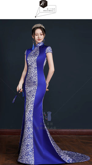 Catwalk fishtail trailing cheongsam new chinese blue white porcelain high end performance dress 2025