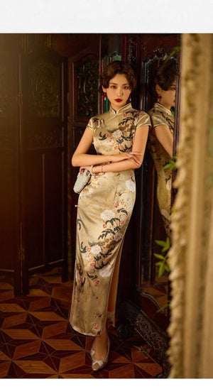 Champagne white satin cheongsam short sleeve slim maxi dress with ink bird and floral print vintage luxe qipao for women back view