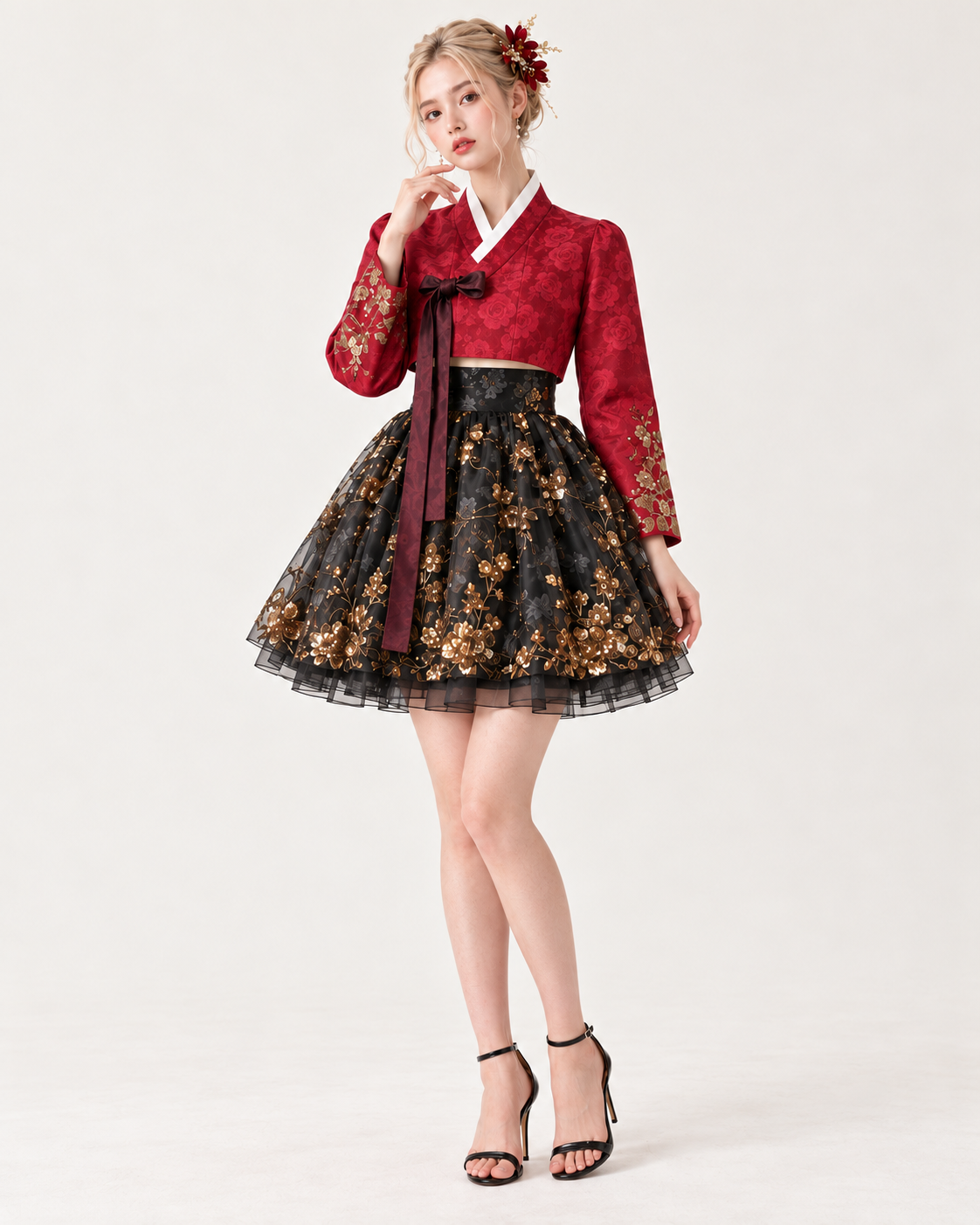 Red Bloom modern Hanbok with a red floral cropped top and black gold floral mini skirt, front view