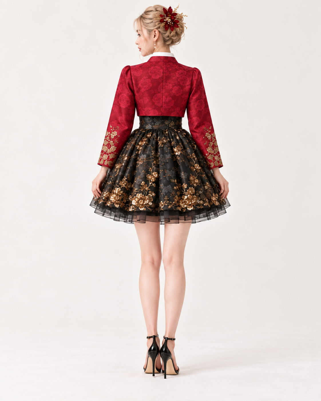 Back view of Red Bloom modern Hanbok showing the cropped red top and flared black gold floral skirt